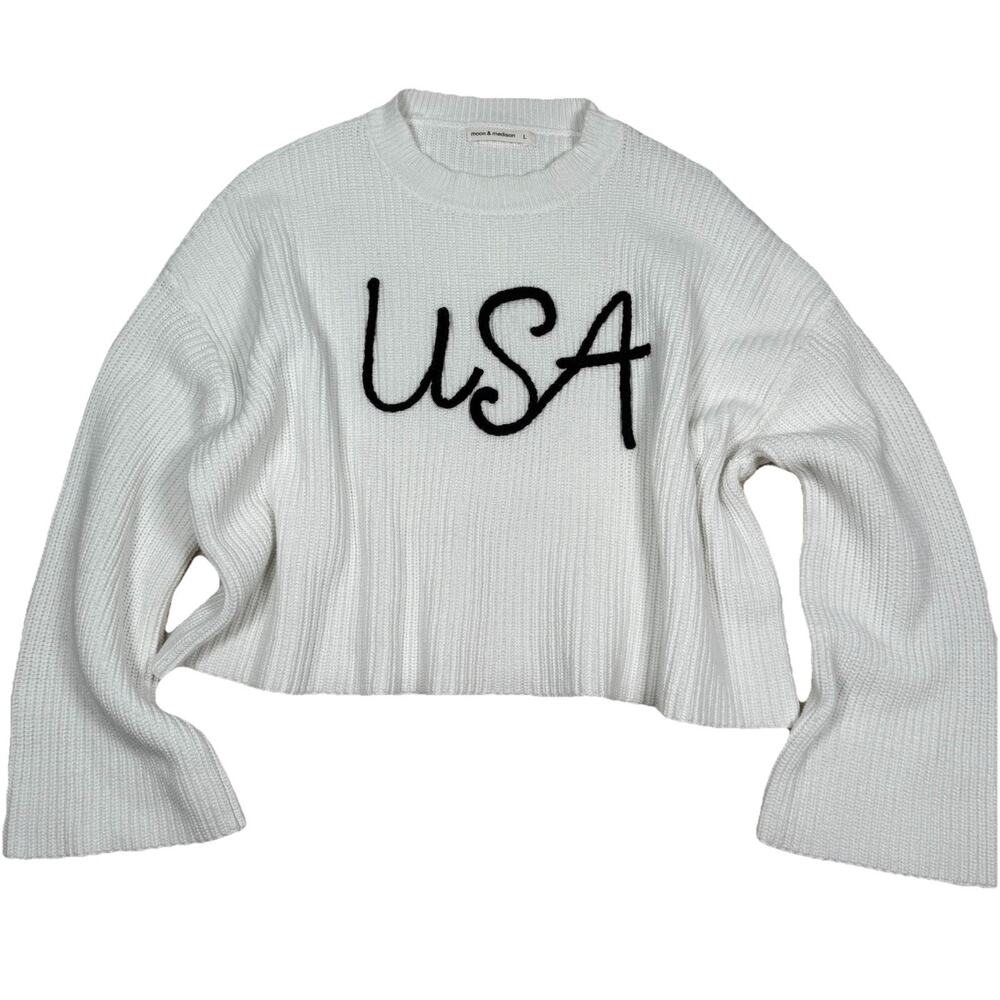 Moon & Madison Anthropologie USA Script Sweater White Women's Size Large Preppy
